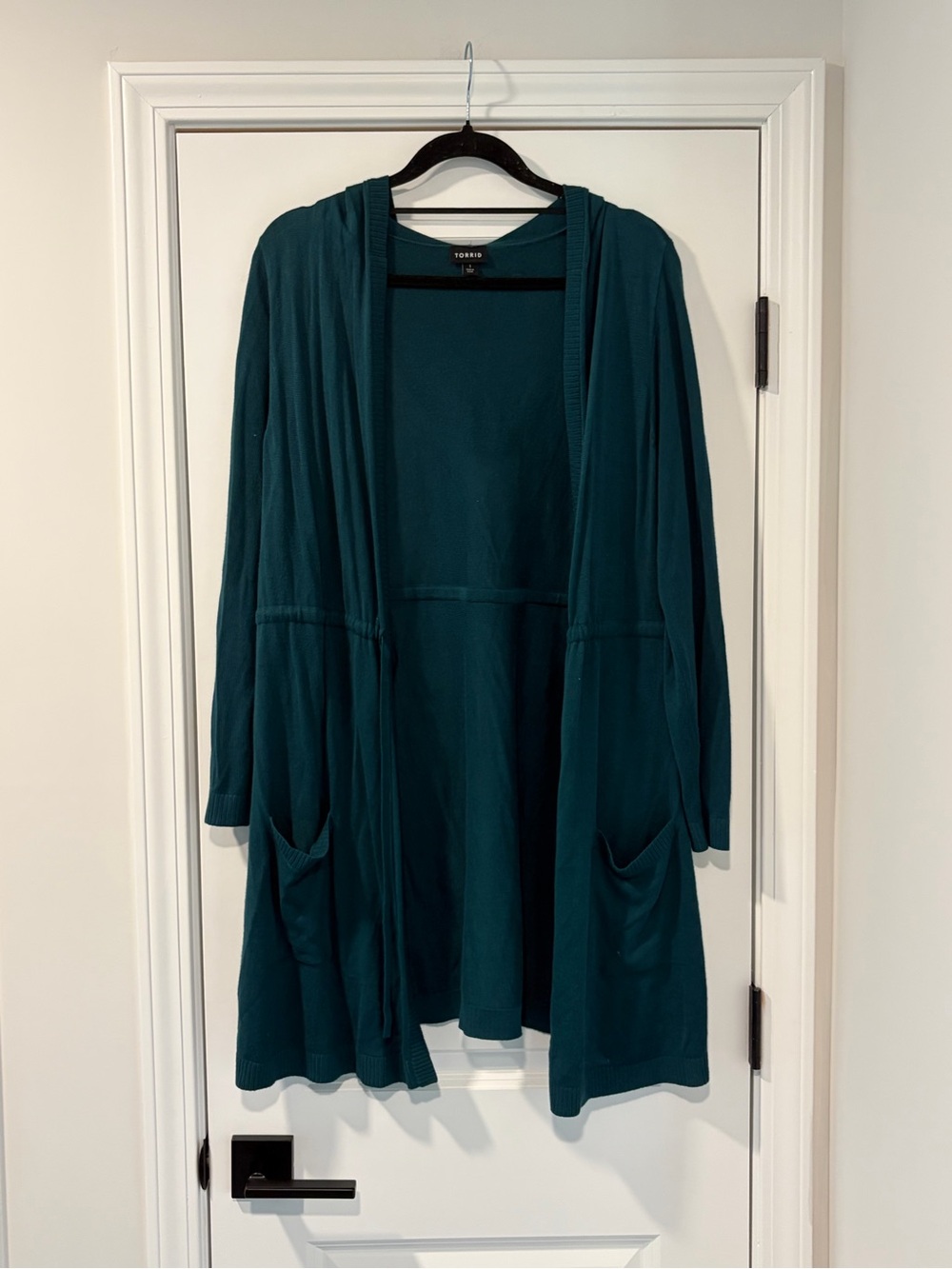 3/$20 Torrid Teal Open-Front Long Cardigan with Pockets and Hood